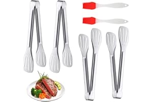 YAANBUNB 4 Stück Grillzange 9 Zoll Küchenzange Fleischzange Edelstahl Servierzange Pfannenwender Zange Klein Silber Kochzange Wurstzange Küche mit 2 Backpinsel für Grillen Kochen Barbecue Braten