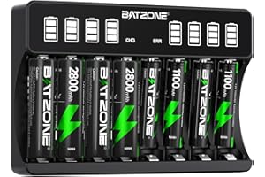 BATZONE Akku Ladegerät mit AA Akku 4 stück & AAA Akku 4 stück, 8-Ladeplatz Großer LCD-Bildschirm Batterie Ladegerät, für Mignon AA und Micro AAA, für NI-MH/NI-CD wiederaufladbar AA/AAA Batterien