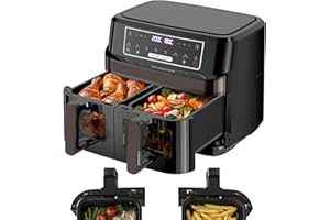 ‎EMPHSISM Heißluftfritteuse 2 Kammern | 10L Airfryer mit Sichtfenster Zweizonen Temperatur Separat Regeln, 8-in-1 Heissluftfritteuse Doppelkammer Touch-Steuerung Bis 200℃, Air Fryer 2600W Eingebaute Beleuchtung