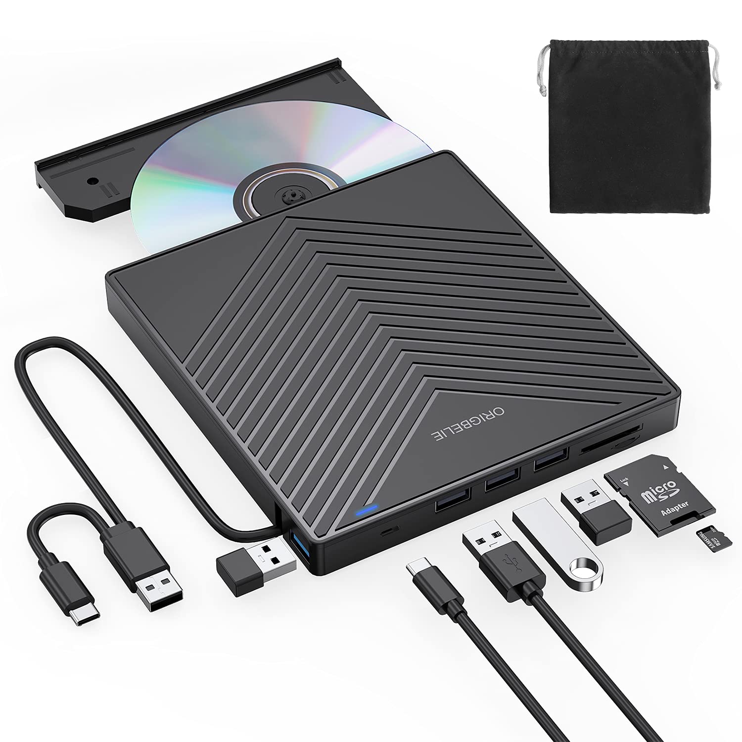 ORIGBELIE Lector CD DVD Externo, USB 3.0 y Type-C CD/DVD +/-RW Drive | Plug&Play Grabadora CD DVD Externa para PC, Portátil, Escritorio, MacBook Pro/Air, Windows 11/10/8/7/XP/Vista, Linux, Mac OS