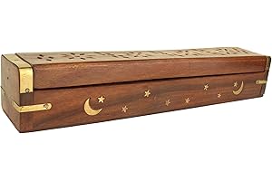 Simply essential Beautiful Handmade Wooden Brown Incense Stick Holder Box with Cutting Jali and Brass beading