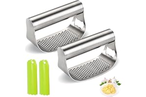 ELFINFI 2 Stück Upgrade Edelstahl Knoblauchpresse, 2024 Neue Knoblauchpresse Wippe, Robuster Knoblauchpresse Edelstahl, Garlic Press mit Flaschenöffner und Silikon Knoblauchschäler, Küchenutensilien