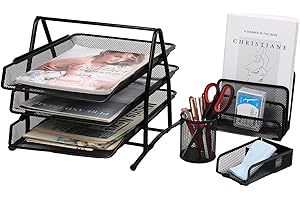 JEBELE Organizador de escritorio de oficina, juego de 4 soportes – Bandeja de archivo de papel A4 de 3 niveles, maceta para bolígrafos, soporte para bloc notas,estante clasificador de cartas Negro