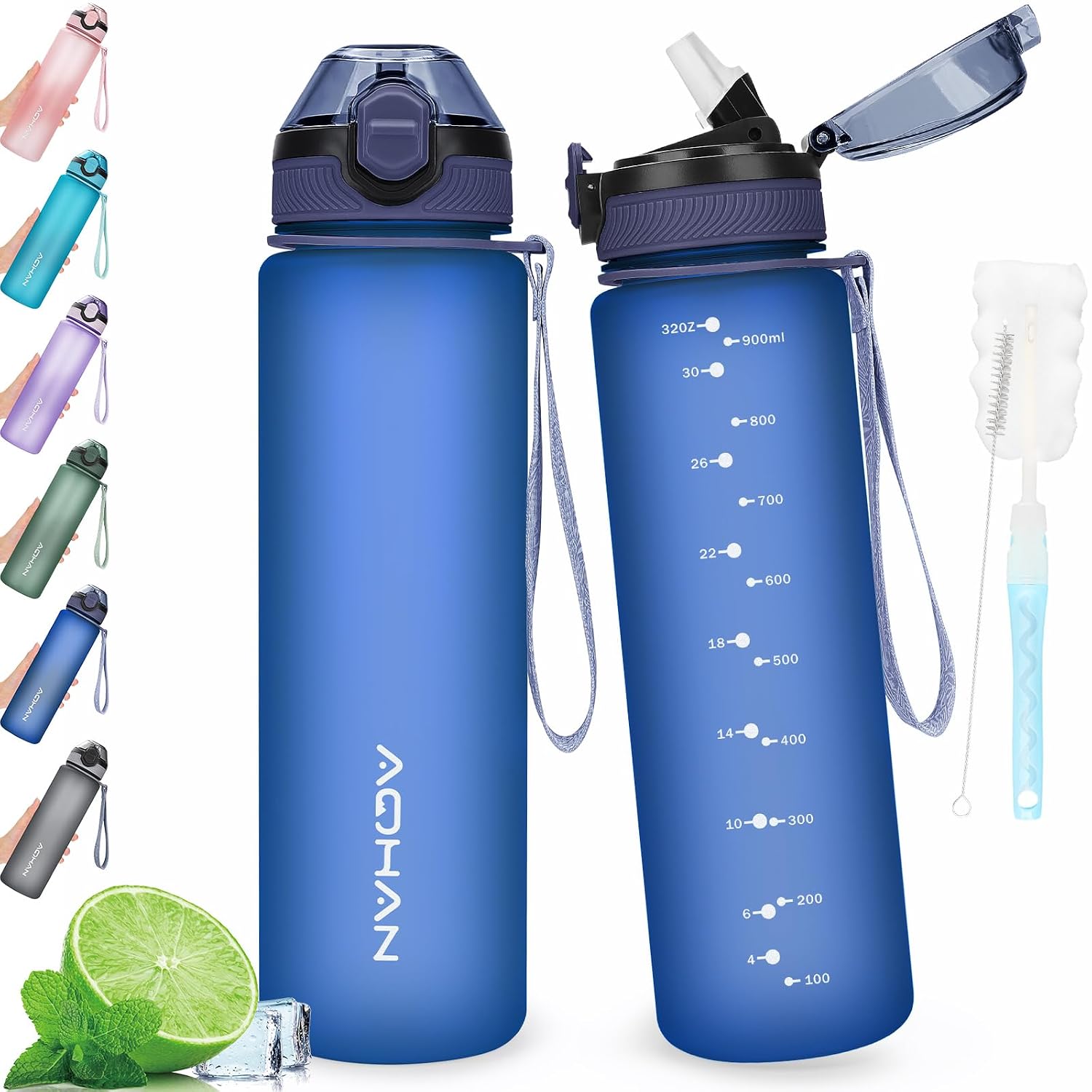 AOHAN Waterfles van 1 liter met lekvrije klapdeksel, BPA-vrije sportdrinkfles met rietje, vaatwasmachinebestendig, niet-giftige waterfles met draagriem