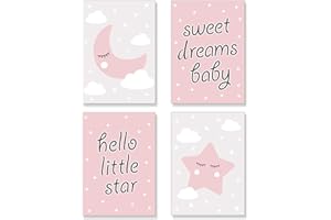 PREMYO Quadri per Camera Bambini - Set di Poster Luna Stella Rosa - Stampe da Parete Decorazione Cameretta Neonato A4