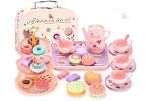 AKBUWAIV 33 Piece Tea Set for Toddlers, Children's Tea Party Pretend Play Toys and Dessert Toys, Plates, Teapot, tea set for toddlers, Children's Tin Play Tea Set for 3+ Girls