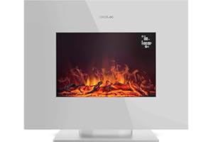 Cecotec Chimenea Eléctrica Decorativa 26” con Mando a Distancia ReadyWarm 2710 Design Flames White. Máxima Potencia 2000W, 2 Intensidades, Panel Plano Cristal Templado, Llama Ajustable, Temporizador