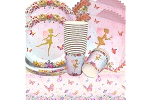 Doyomtoy Schmetterling Partygeschirr Set,61 Stück Mädchen Geburtstag Party Set Geburtstagsteller, Tassen, Servietten für Kindergeburtstag Blumen Party Deko Baby Shower