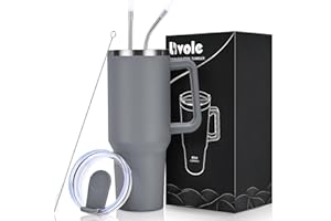 Livole Kubek termiczny ze stali nierdzewnej 1200 ml, z uchem, pokrywką i słomką, kubek do kawy na wynos, z podwójnymi ściankami, izolowany próżniowo, na kemping, do sportu, samochodu, biura, szary