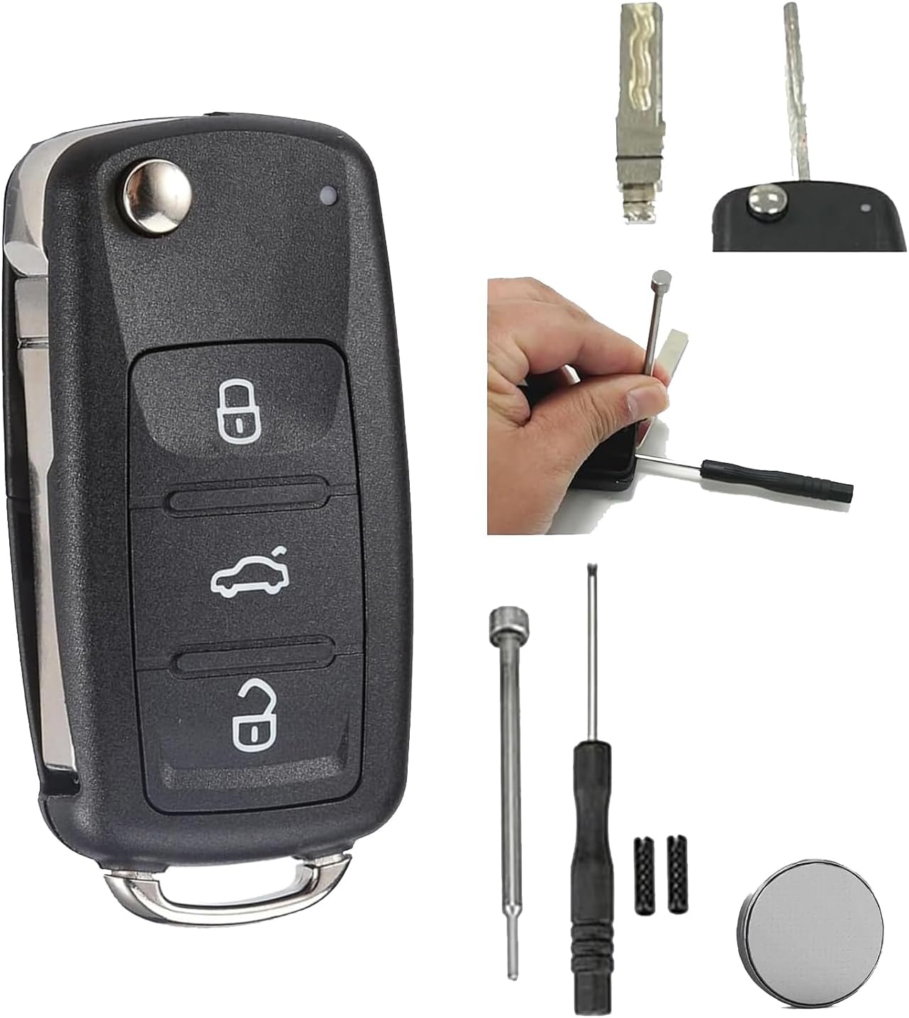 3 Buttons Flip Volkswagen Car Key Fob Shell for VW Up Golf MK5 MK6 Polo Tiguan Passat Jetta Caddy Transporter T6,Skoda Octavia Fabia,Seat Ibiza Leon Key Case with VW Key Blade Pin Tools
