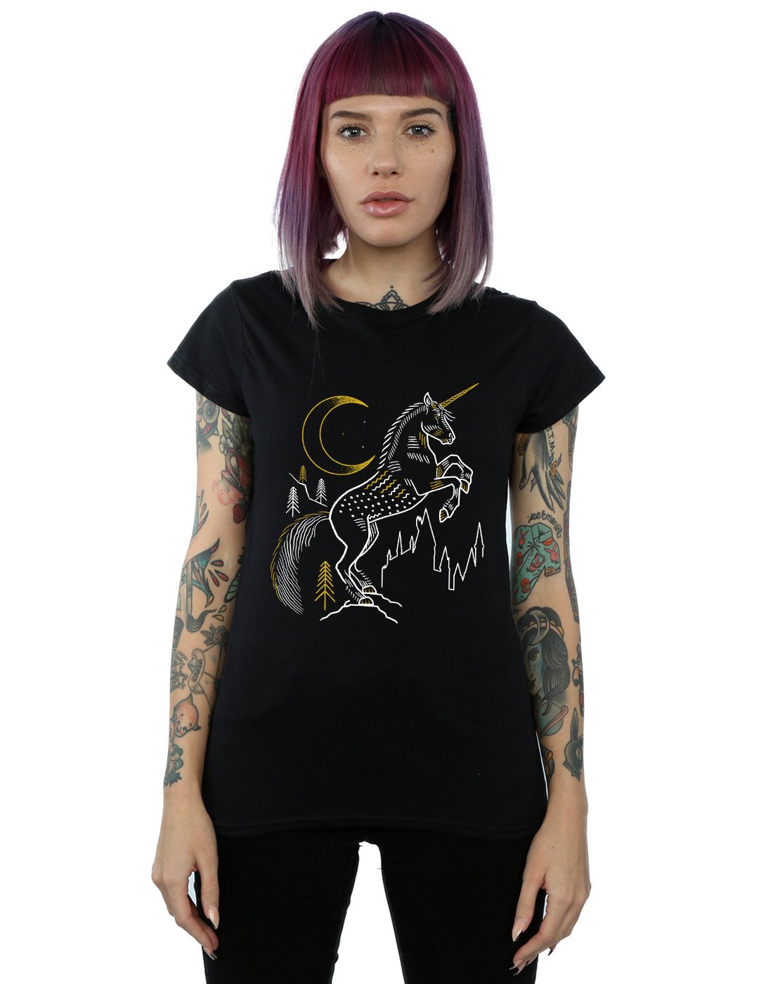 Harry-Potter-Damen-Unicorn-Line-Art-T-Shirt-Schwarz-X-Large