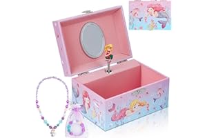 hombrima Music Jewellery Box with Necklace Bracelet, Musical Jewelry Storage Case with Spinning Unicorn Gift Set for Kids Girls Children Daughter (Pink-Mermaid)
