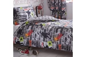 PRICE RIGHT HOME Kidz Club Teenagers - Set Copripiumino e Federa per Ragazzi, Letto Singolo, Biancheria da Letto Motivo Skateboard e Graffiti, Colore: Grigio