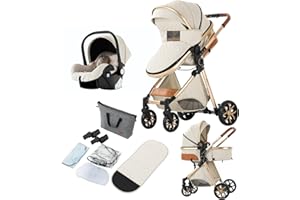 Reenborn Poussette 3 en 1, Poussette Bebe avec Réversible Deux Façons de Pousser, Pousette avec Cadre Aluminium Haute Paysage, Pousette 3 en 1 avec Conception Pliable en Un Clic (V9 Creamy White)