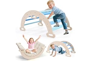 OVSHNRR Wooden Climbing Arch, 4-in-1 Kids Arch Rocker with Soft Cushion, Montessori Climbing Ladder Gym Toy for Children Toddlers (Blue)