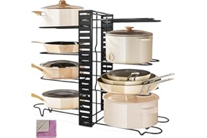 Myiosus Porta Pentole, Porta Coperchi Pentole Salvaspazio con 10 Scomparti Regolabili, Organizer Pentole e Padelle, Portacoperchi per armadio da cucina e 3 Metodi di Installazione, Nero