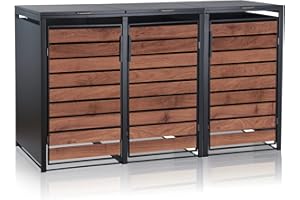 Zelsius Mülltonnenbox 3er für 3 Mülltonnen | 120-240 Liter | Anthrazit RAL 7016 | Tür in dunkelbrauner Holzoptik inkl. Erweiterungsmöglichkeit | Mülltonnenhäusschen, Mülleimerboxen