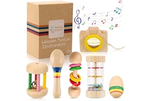 QESSUVNC 6pcs Different Wooden Baby Toys for 6-12-24 Month Old Toddlers Montessori Toy for 1 Year Old Sensory Musical Rattles Toy Safe and Non-Toxic Wood, Birthday Gift for Boys and Girls