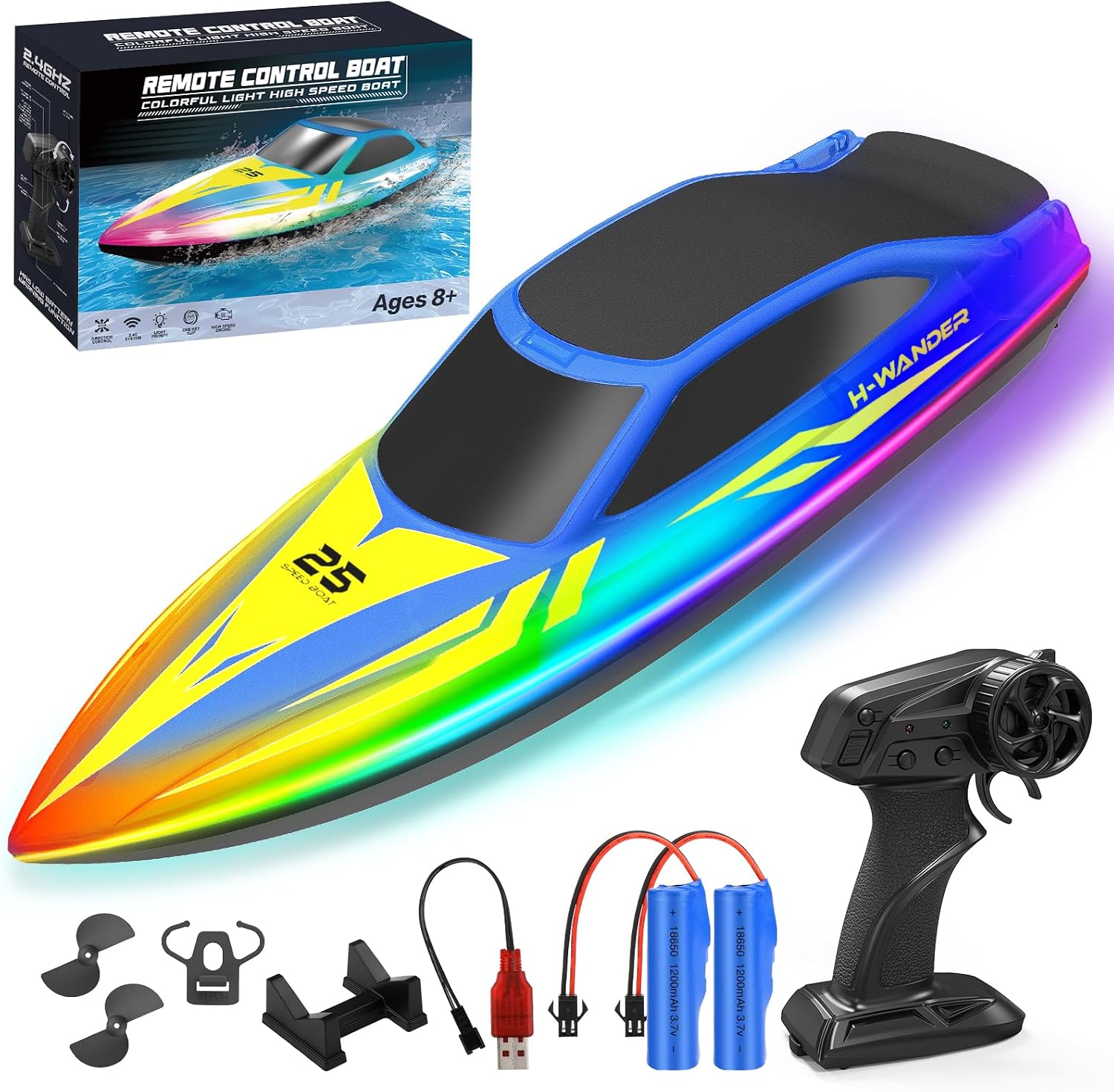 WUQNGI Barco Teledirigido Profesional con Luces LED de 7 Modos, Lancha Teledirigida de Alta Velocidad para Niños y Adultos, Barco RC para Piscina y Lago, 2 Baterías 120 Min, 2.4GHz, Autoadrizable