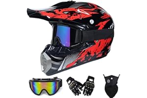 MRDEAR Motorbike Cross Helmet, Black and Red/ 4Pcs, Motocross Helmet Set Adult Kids Full Face MTB Motorcycle Off Road ATV Crash Helmet with Goggles Gloves Mask