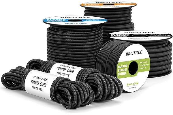 Brotree Gummirep Gummisnöre 4mm x 20m Spännrep Spänngummi | Svart, Gummi&Polyester, För Släpvagn, Presenning, Camping, Klädli