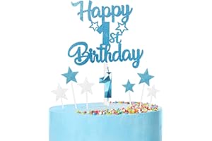 mciskin Happy 1st Birthday Candles Cake Toppers Set, Blue Number 1 Candle for Cake, Girls Boys 1st Birthday Decorations,3D Birthday Number Candles with Silver Star Toppers for Boy Girl