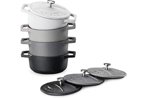 Navaris 4 Mini Cocotte Monoporzione Ghisa - Set Pirofile - Pirofila Microonde - Pentola da Forno - Ciotola con Coperchio - Cocottine - Ciotole Crema Catalana - per Zuppa di Cipolle