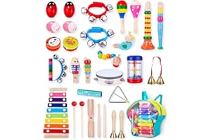 JOFLVA Instrument De Musique Enfant, 32 PCS Instrument De Musique, Ensemble De Jouets Musicaux Bois, Instruments De Musique Jouets De Percussions Enfants Set, Jouet Musical en Bois pour Enfant 3 Ans.