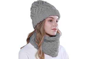 vamei 2 Pièces Ensemble Femme Beanie Bonnet Chapeau Tricoté et Écharpe de Cercle Tricoté Assorti en Hiver Chaud Bonnet Snood Écharpe Femme