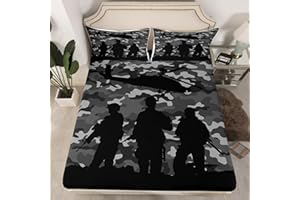 MANFEI American Soldier Fitted Sheet Double Size, Cartoon Aircraft Bedding Set 3pcs for Kids Boys Room Decor, Army Grey Camouflage Bed Cover with 2 Pillowcases, Soft Polyester Bedding