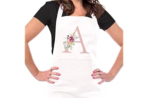 Ysound Initials Apron Women's Cooking Apron Cotton Apron Adjustable Baking Apron White Kitchen Apron with Pockets for Kitchen, Cooking, Baking, Gift for Women Mum for Birthday, Housewarming