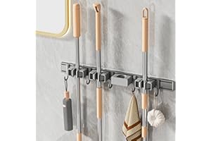 MUSTORN Accroche Balai Mural Adhesif, Support Balais Mural Sans Percer Support De Vadrouille Clip De Rangement Pour Serpillière De Salle De Bain Avec 4 Mobile Supports Et 5 Crochets(Gris)