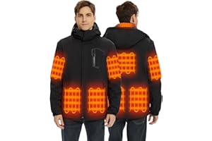 Hecusma Veste Chauffante Homme avec Batterie 18400mAh 12V, Veste Chauffante Homme avec 8 Zones de Chauffage, Vestes Randonnée Capuche Amovible Winddicht Wasserdicht für Ski Freien Winter