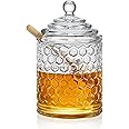 Paporich Clear Crystal Honey Pot, Glass Honey Dispenser, Glass Honey Jar with Dipper, Clear Crystal Glass Honey Pot, Store Honey and Syrup, Easy to Clean, for Home Kitchen