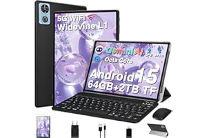 DEERTIME 2025 AI Tablet 10 Pollici Android 15, 30GB RAM+64GB ROM(TF 2TB), 8 Core 2.0 Ghz, 5G+2.4G Wi-Fi, BT 5.0, 8MP+5MP, Cast, 1280 * 800 FHD, Widevine L1, GMS Tablet PC con Tastiera e Mouse,Caso (Nero)