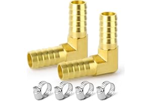 GASHER 2 Pièces en laiton tuyau Barb réducteur, 6mm pouce à 6mm pouce tuyau ID 90 degrés L angle droit coude avec 4 pinces de tuyau, en laiton Barb réducteur Splicer montage
