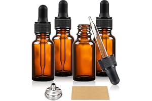 AOZITA 4 x 20ml Amber Brown Glass Bottles with Dropper Pipettes - Come with 1 Stainless Steel Funnel & 4 Lables - Tincture Dropper Bottles for Essential Oils, Aromatherapy Blends, Liquids