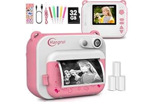 Hangrui Macchina Fotografica Istantanea Bambini,2.0 Pollici Fotocamere Istantanee per Bambini, 12MP/1080P HD Videocamera con 32G, Pennarelli, Linea USB, Adesivo, Regalo per 3-12 Anni-Rose