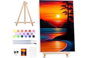 GHHKUD Paint by Number Kits for Adult with Wooden Easel, Oil Acrylic Painting by Numbers Kit for Adults Beginners on Framed Canvas, Sea Sunset Arts and Crafts for Home Wall Decor-12x16inch