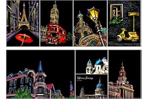SiYear Scratch Paper Rainbow Painting Sketch, City Series Night Scene, Scratch Painting Creative Gift, Scratchboard for Adult and Kids, with 4 Tools（8PACK）