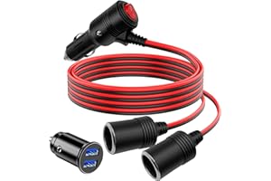 Hoembpn Cable de Extensión para Mechero de Coche con Interruptor, 1 a 2 Adaptador Divisor de Conector de Enchufe de Encendedor de Coche 15AWG/10A, 12V-24V Cargador de Coche USB Dual, 1 metro