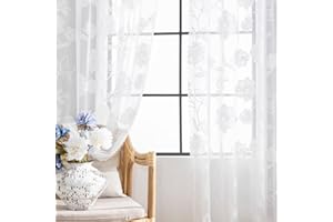 TREATMENTEX Semi-Sheer White Lace Curtains for Bedroom 90 inch Long Country Chic Rose Floral Embroidered Sheer Curtain Panels for Living-Room Leaf Window Drapes with Scalloped Edge 52"w 1 Pair Pencil Pleat