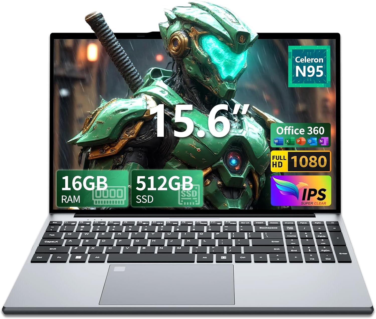 Ordenador Portátil 15,6 Pulgadas FHD, 16GB RAM 512GB SSD, Alder Lake N95 Hasta 3.4GHz, Win 11 Pro PC Portátil Office 365, Teclado Retroiluminado con Pad Numérico, Lector Huellas, USB 3.0/HDMI, WiFi 5