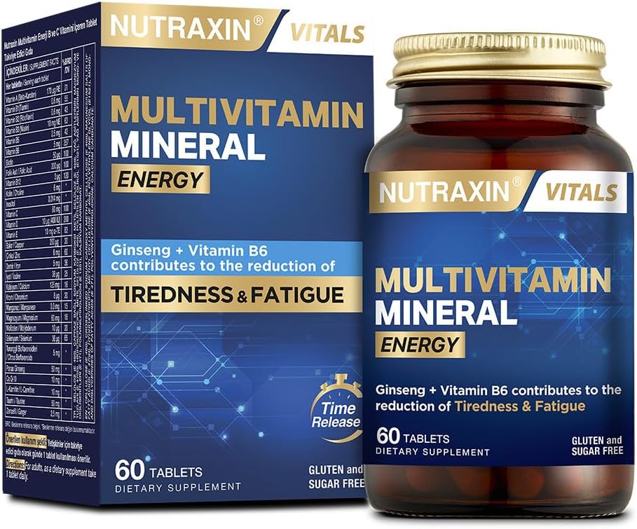 Nutraxin Multivitamin Mineral Energy – Ginseng, CoQ-10, L-Karnitin, Taurin ve 24 Vitamin-Mineral İçeren Enerji Destek Tableti – 60 Tablet – Vegan