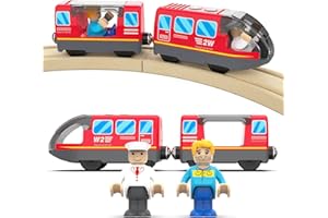 DxxD Train à Piles pour Chemin de Fer en Bois, Train Electrique Enfant 3 4 5 6 7 8 Ans, Locomotive Train en Bois (Connexion Magnétique), Jouet pour Voie Ferrée Compatible avec Thomas, Brio, Rouge