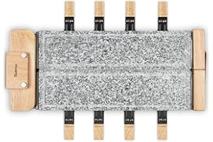 H.Koenig Appareil à Raclette 8 Personnes WOD362, Fromage, Fondue, Double Pierre de cuisson, Granit, Bois Naturel, Socle Pivotant à 180°, Plaques Amovibles, 8 Poêlons Antiadhésifs et 8 Spatules, 1400 W