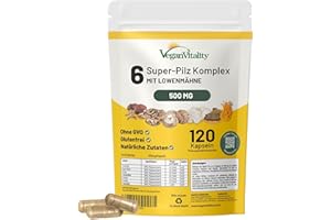 ‎VEGAN VITALITY Pilz Komplex, 6 wichtige Pilz Complex als Pilz Kapseln, Lions Mane Kapseln, Reishi Pilz, Chaga extrakt, Shitake, Cordyceps und Maitake 120 Capsules