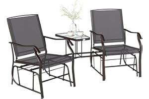 Outsunny Outdoor Double Glider Rocking Chairs with Glass Top Middle Table, Metal Gliding Love Seat Conversation Furniture with Breathable Mesh Fabric Seat, for Garden, Patio, Grey