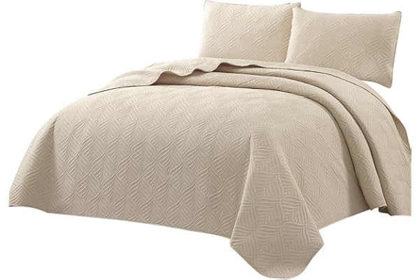 BQUJSML quiltade sängöverkast king size lövmönster 3-delad dubbelsäng överkast set bomull mjuk lätt vändbart överdrag säng topp överkast täcke med 2 örngott 50 x 70 cm (khaki, 240 x 260 cm)