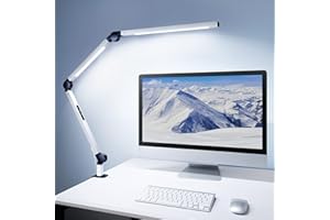 MediAcous LED Desk Lamp, Dual Light Source with Clamp, Dimmable 4 Color Modes & Brightness Swing Arm Eye-Caring Clip-on Architect Lamp Memory Function for Work Study Home Office, White